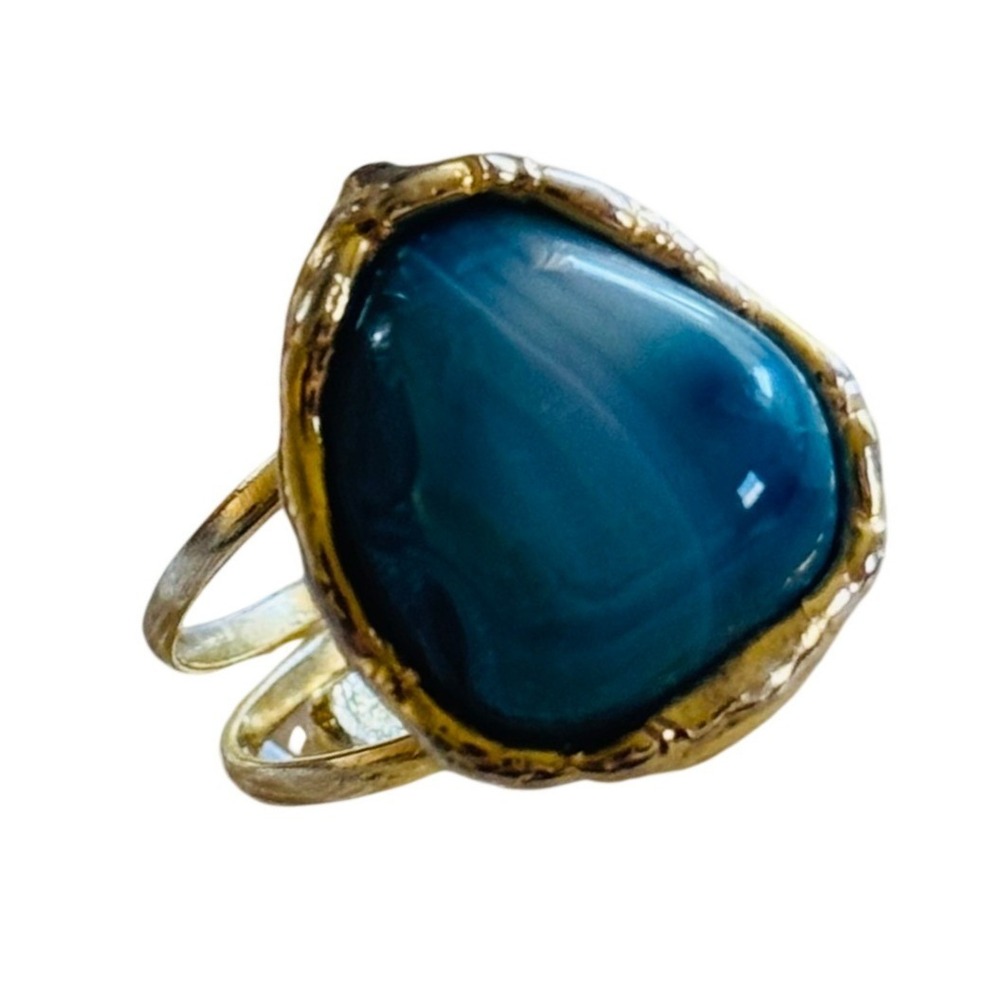 Blue Agate Stone Brutalist Brass Cocktail Ring Mod BOHO Resizable Chunky Sz8